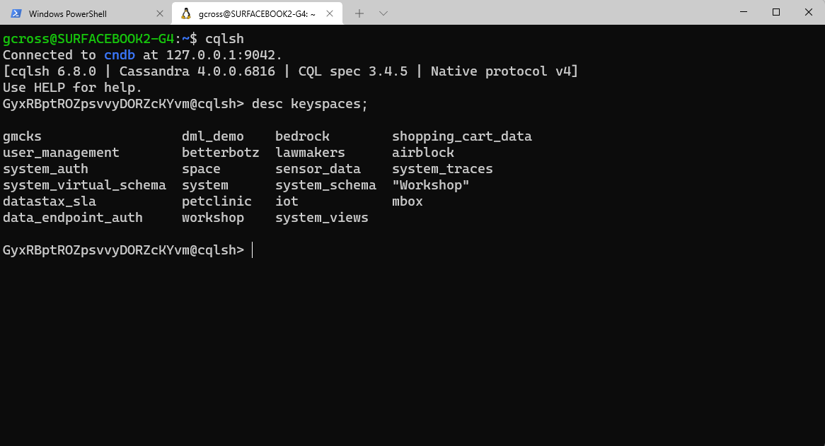 Astra CQLSH - Display keyspaces