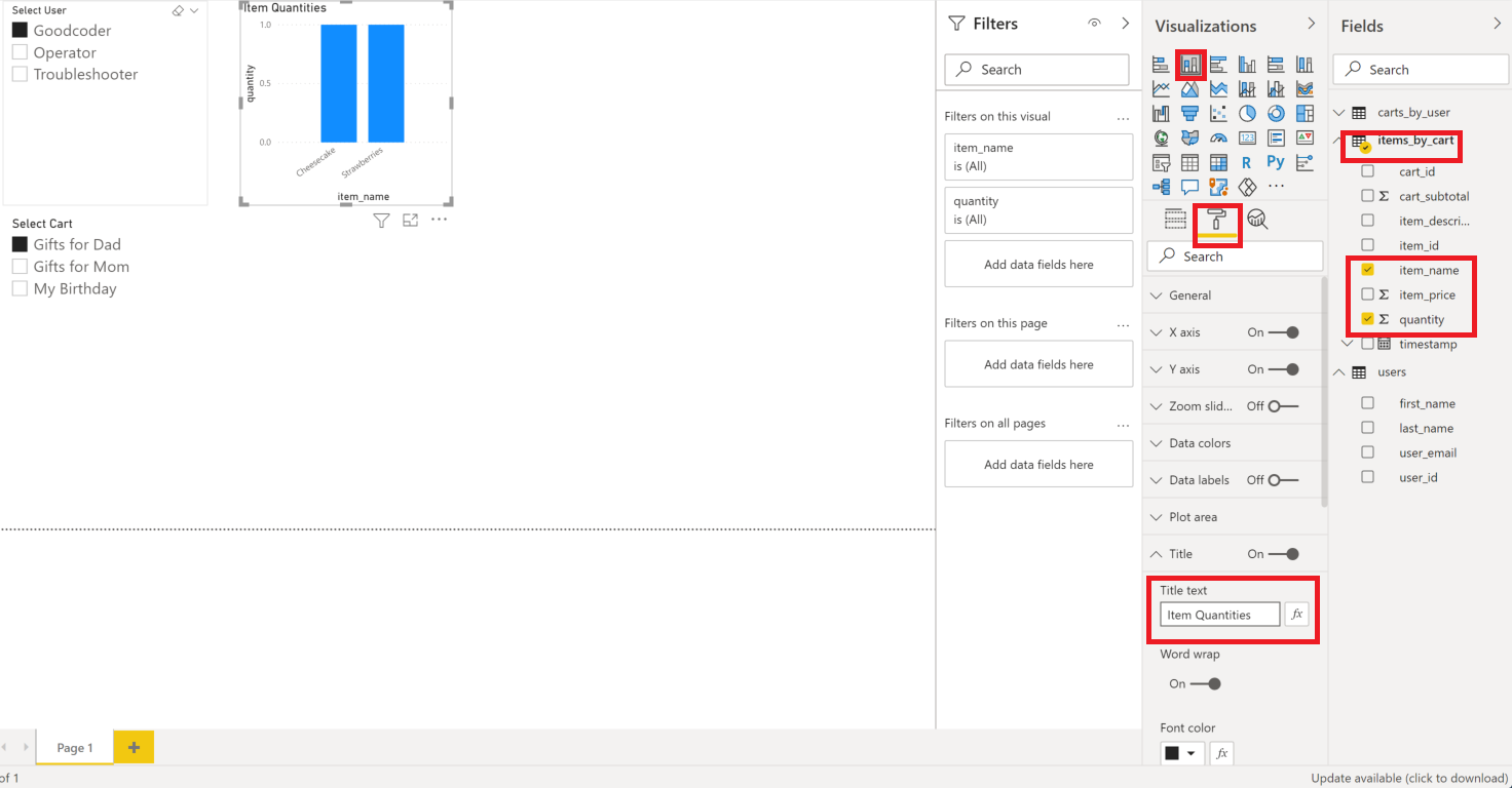 Add item quantity column chart