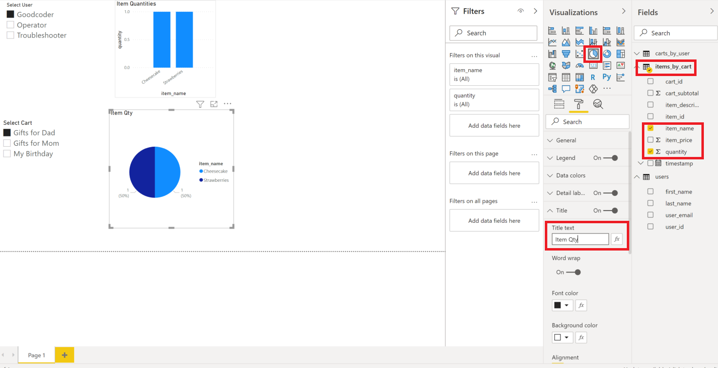 Add item quantity pie chart